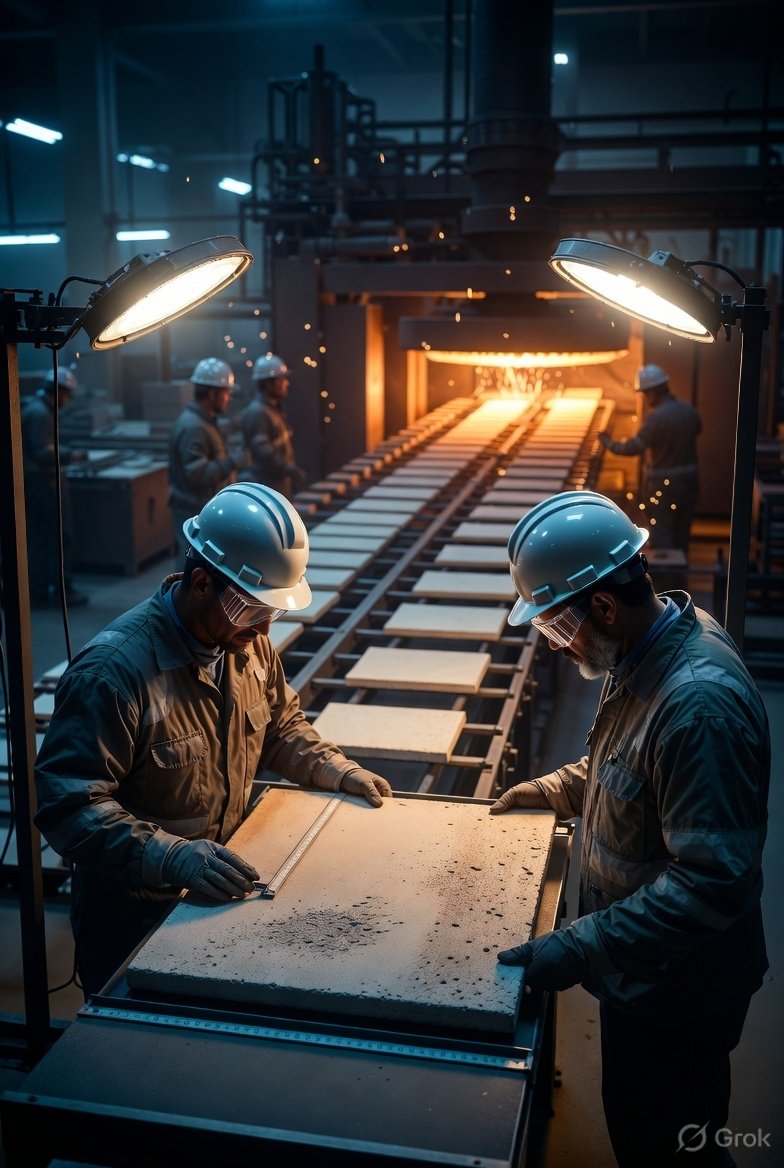 Evolith technicians inspecting a large-format slab on the production line